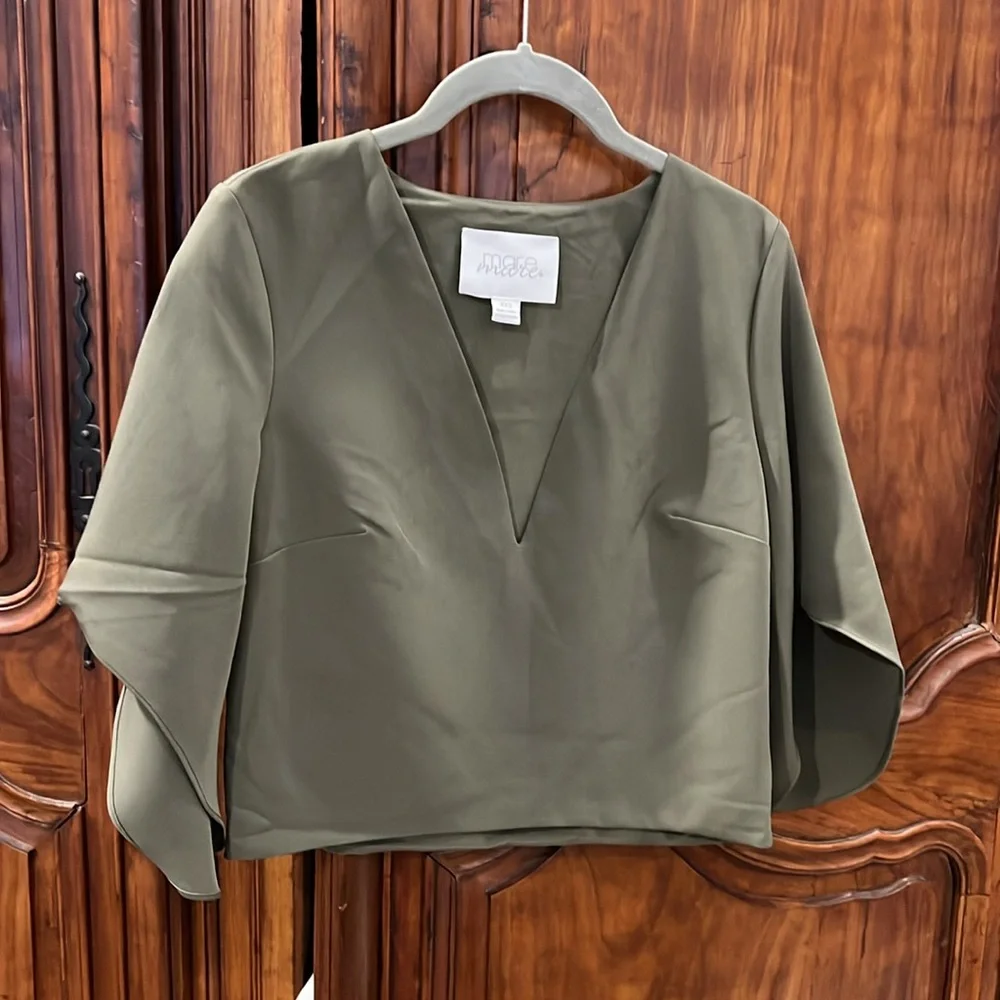 Anthropologie Olive Green V-Neck Flutter Sleeve Blouse